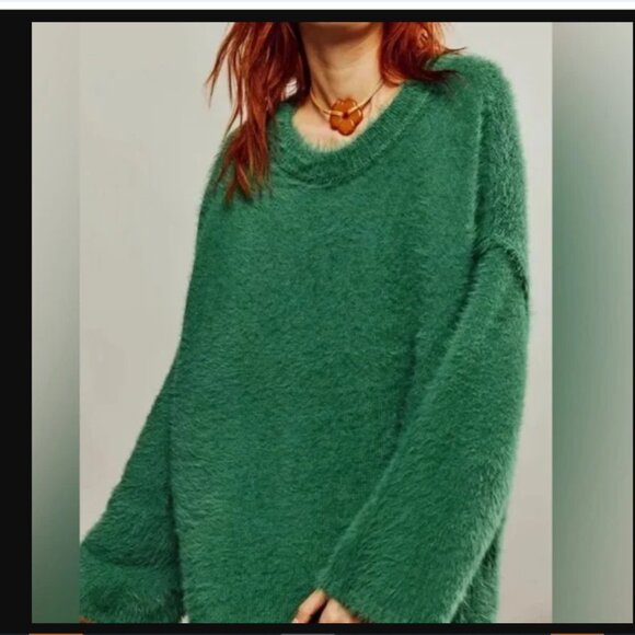 NEW Free People Harrison Bunny Crew Long Sleeve Green Fuzzy Eyelash Sweater NWOT - Picture 1 of 7